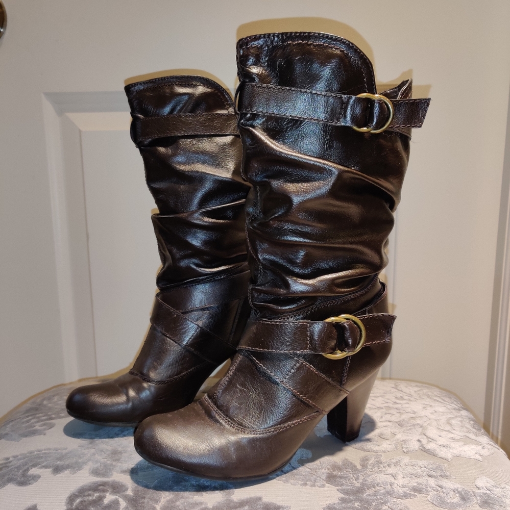 Brown leather heeled boots